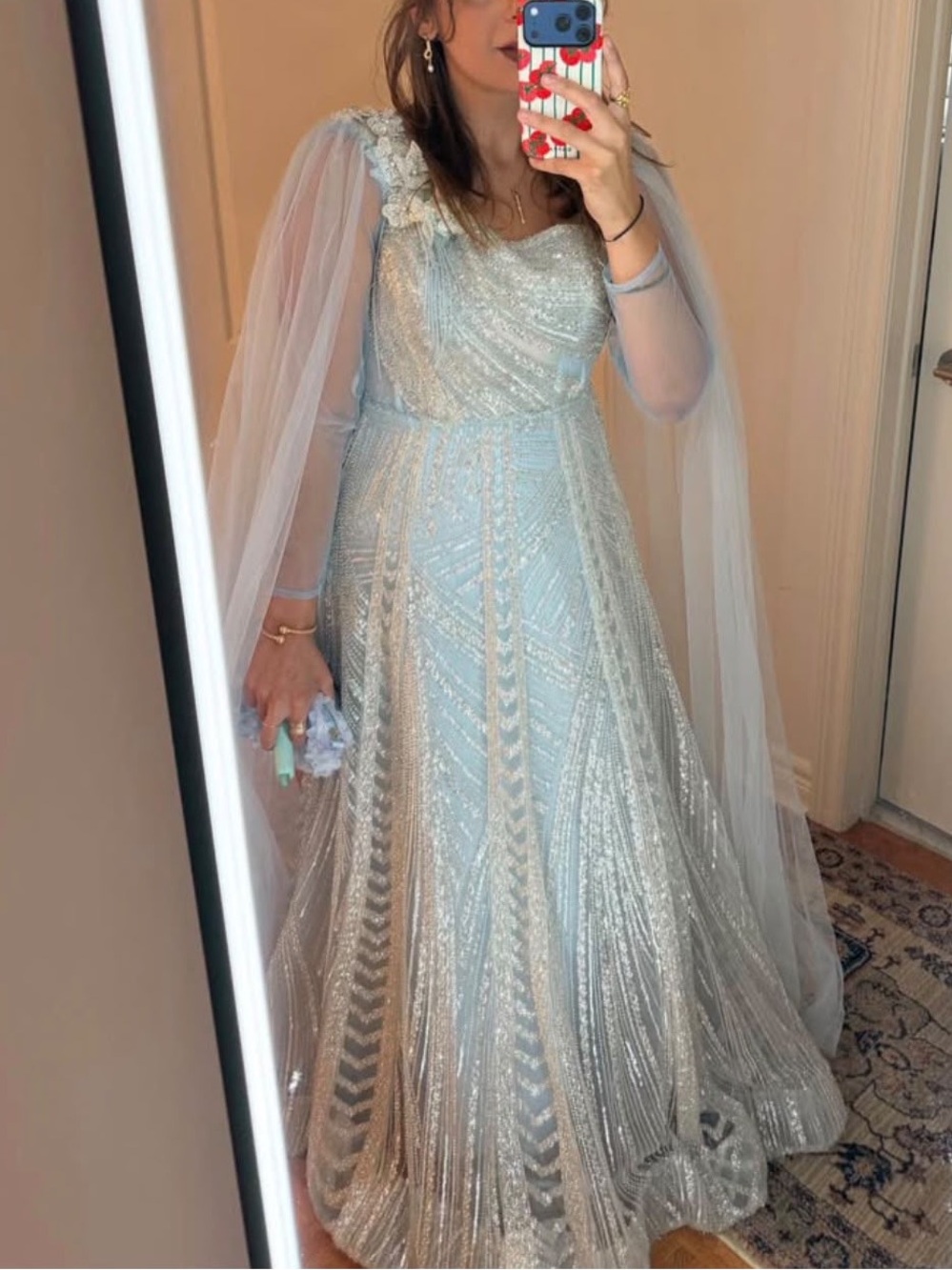 Elegant Light Blue Beaded Evening Gown with Sheer Cape